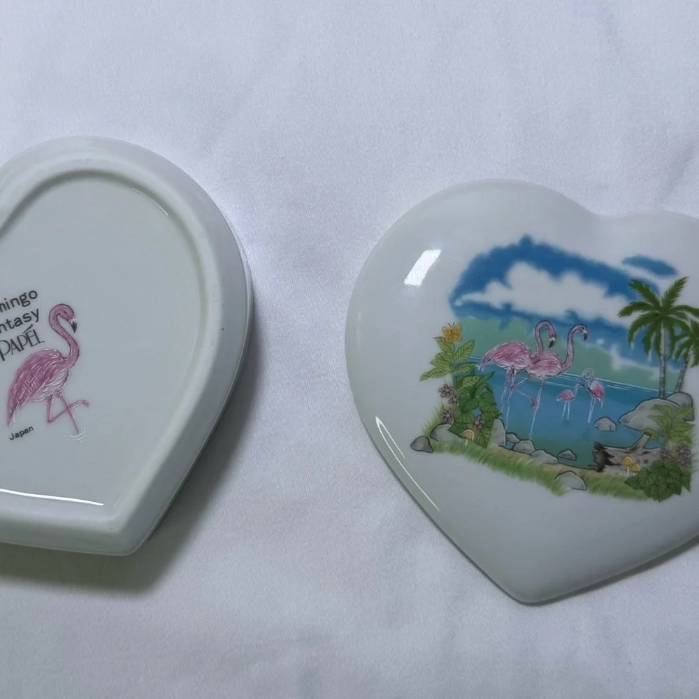 Vintage Papel Japan Flamingo Fantasy Ceramic Heart Jewelry Box Retro Home Decor